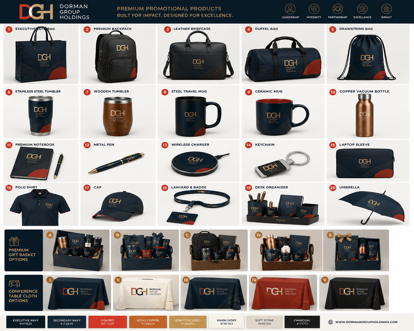 Grid of DGH branded promotional products including bags, drinkware, notebooks, and event materials