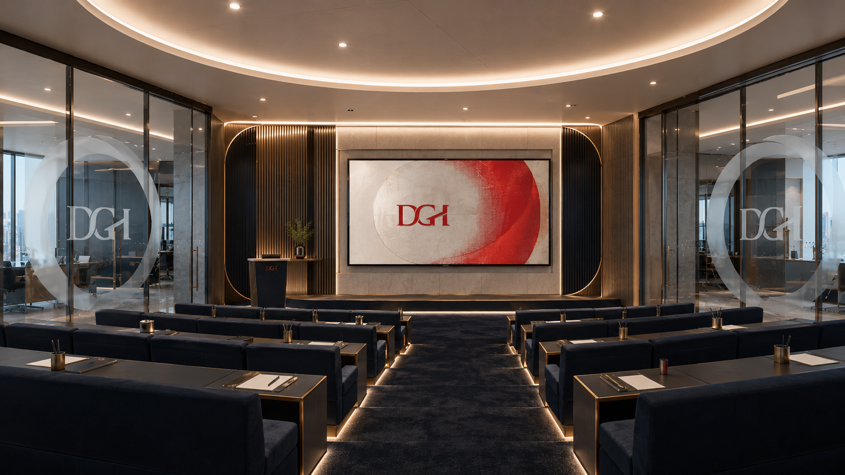 Presentation lounge prepared for a branded conference session