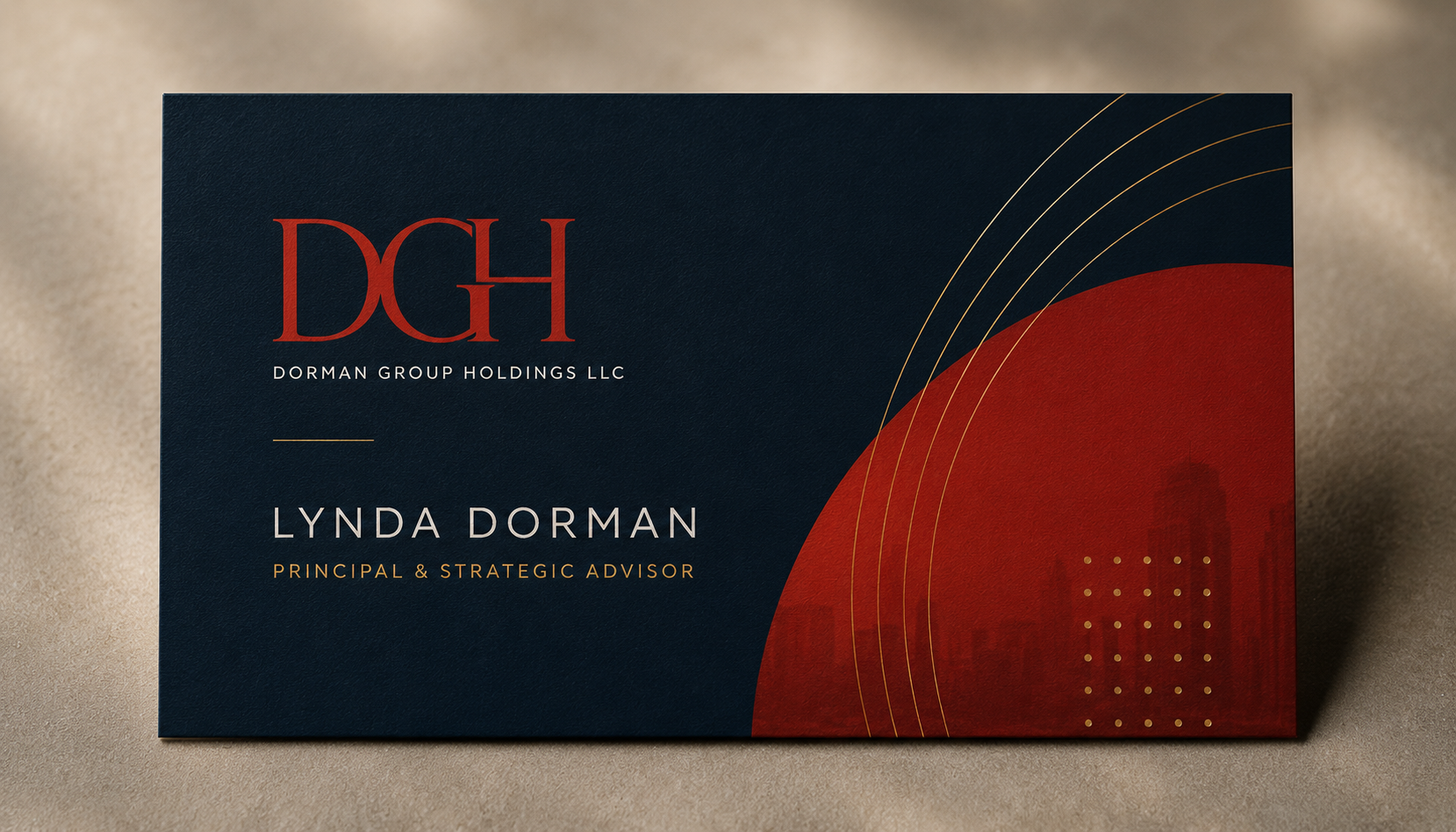 Navy DGH business card concept with executive brand styling