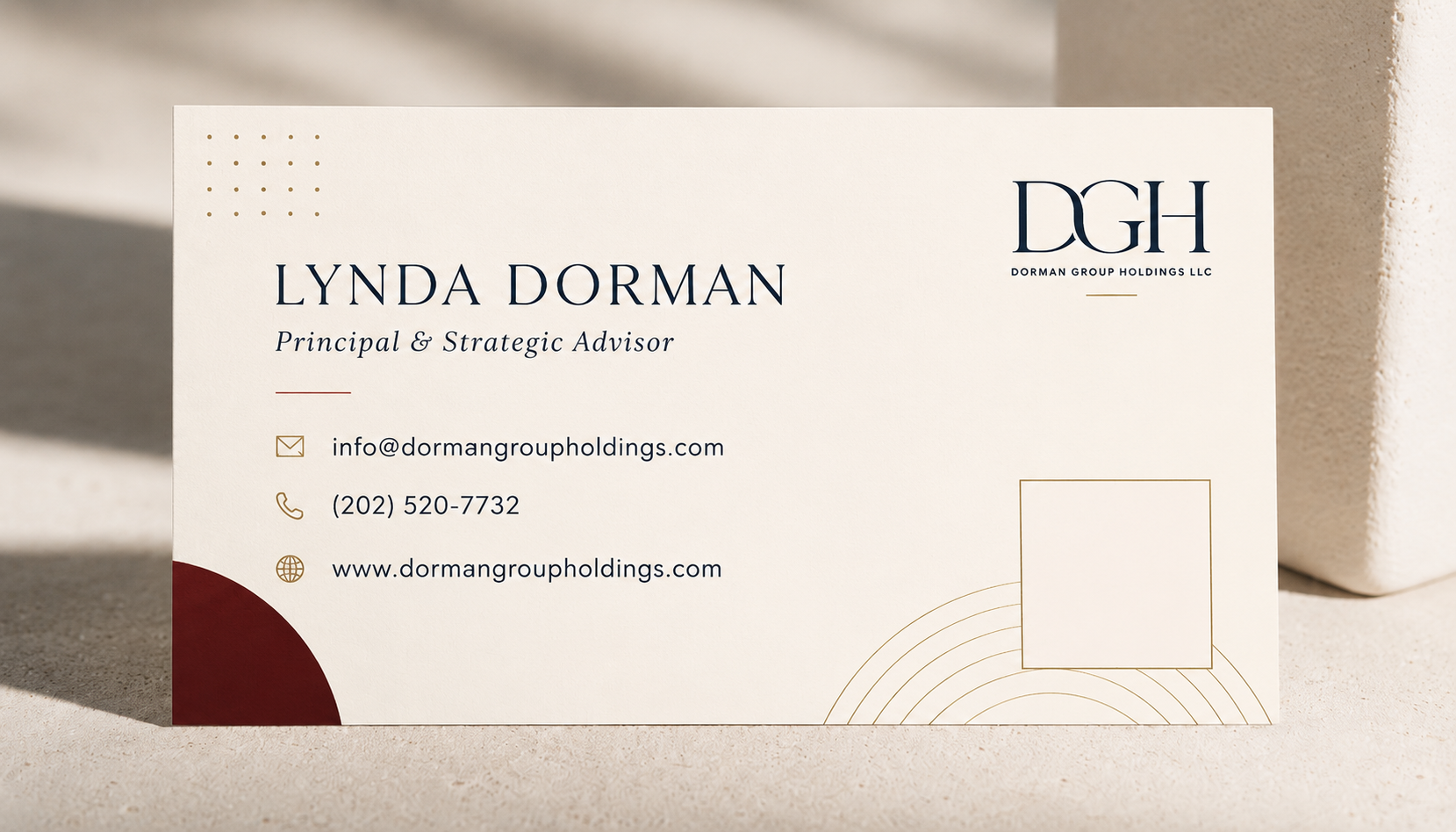 Ivory DGH business card concept with refined event-ready branding