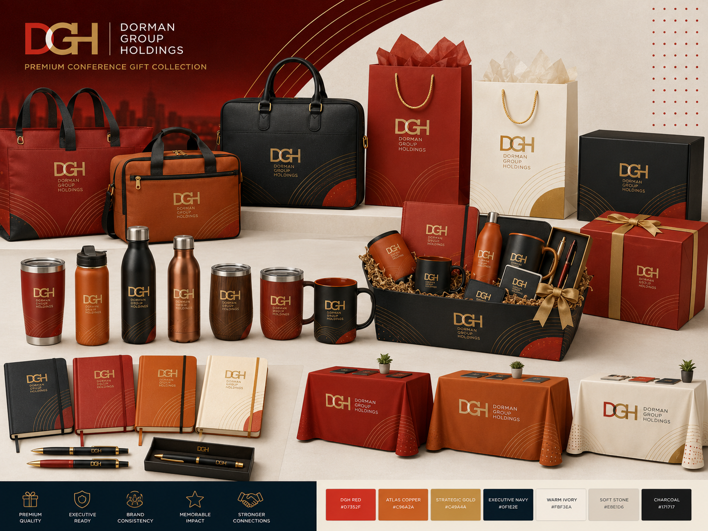 Curated conference gift collection with branded bags, drinkware, notebooks, and table coverings